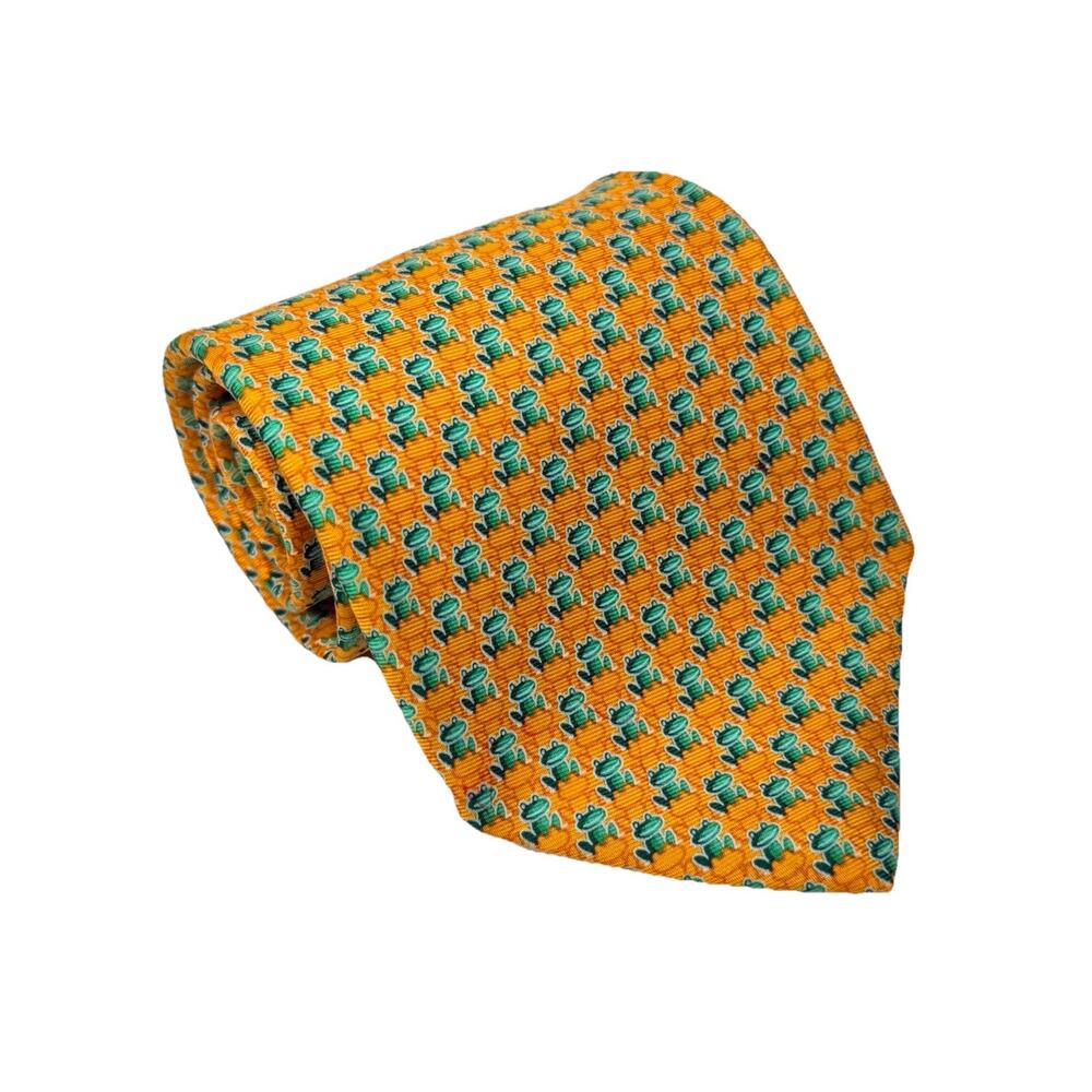 Robert Talbot Norman Stockton Necktie 58"x3.75” Orange w Frogs Silk Tie USA EUC